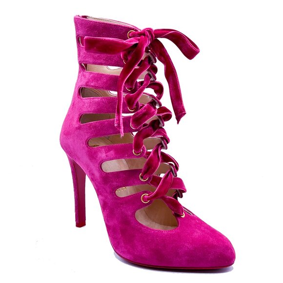 Brand new Christian Louboutin Spinetita 100 Pink Suede Leather Lace Up Bootie - Picture 1 of 13